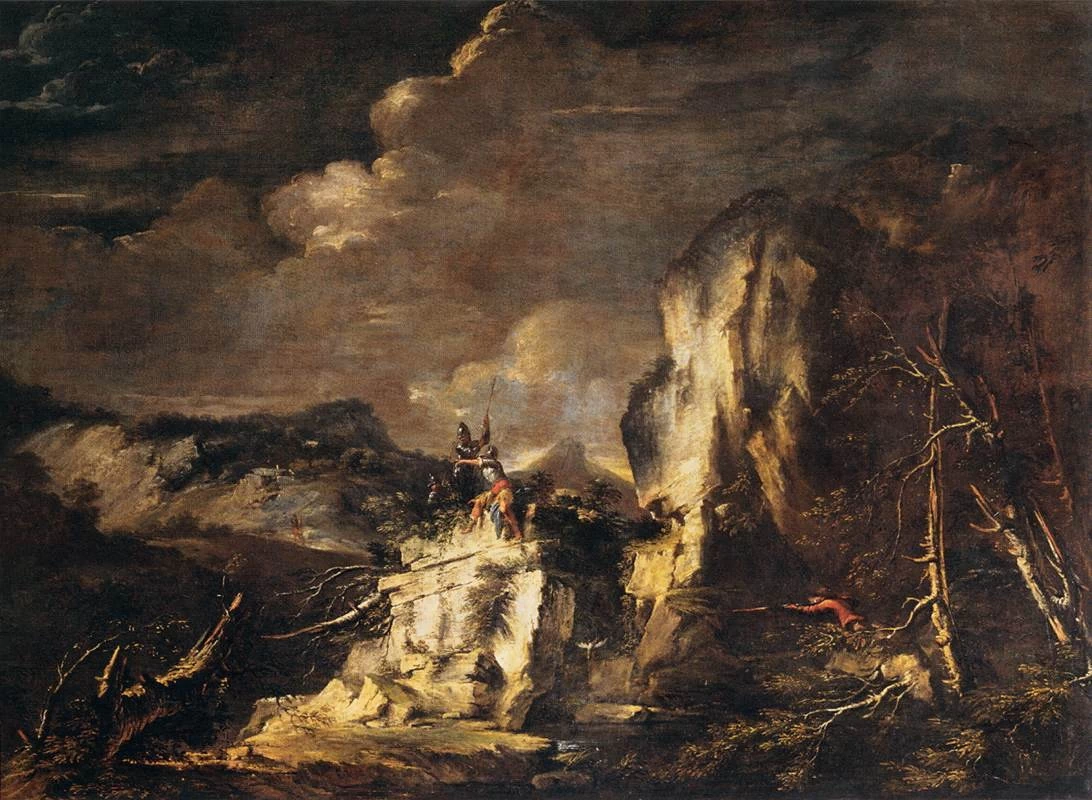 Paesaggio roccioso con un cacciatore e guerrieri - Musée du Louvre, Paris